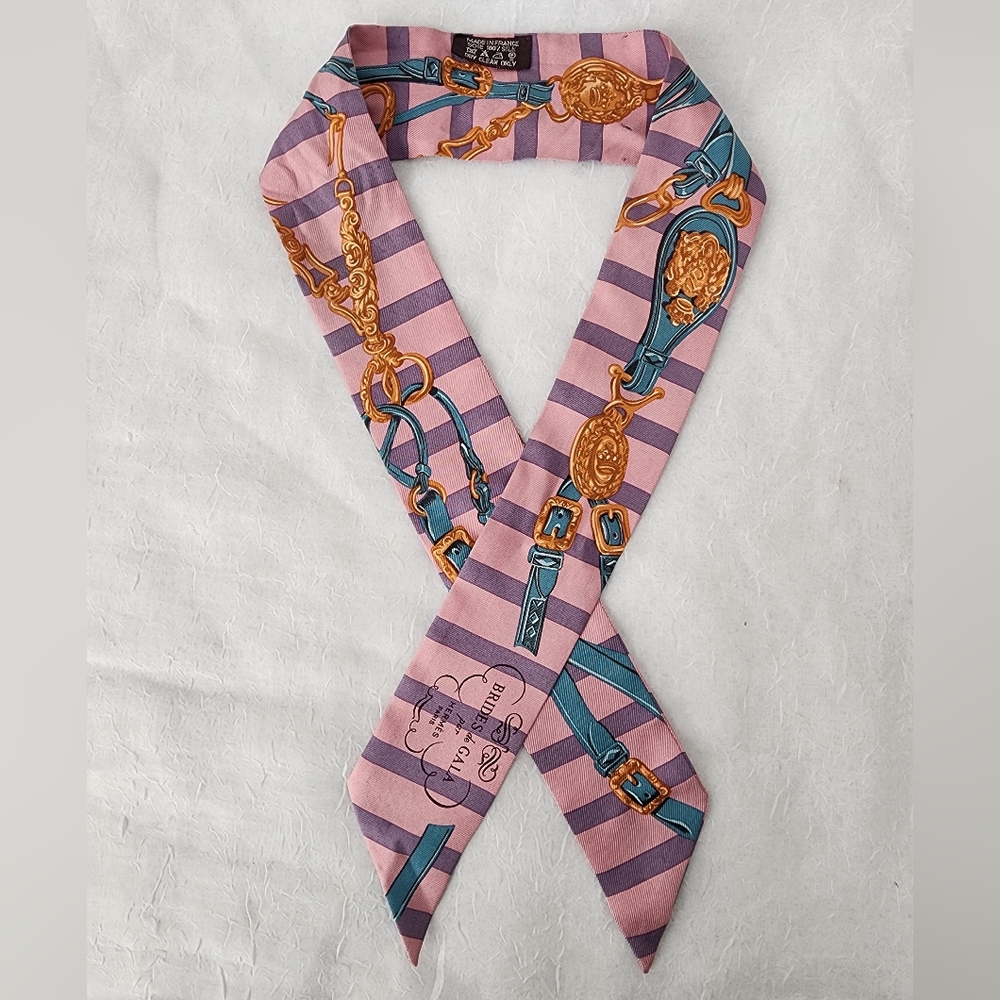 Hermes Pink and Blue Striped Scarf with Gold Accents